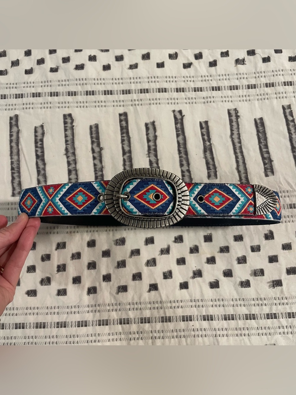 Vintage 90s Nuovo Southwestern Geometric Woven Belt Silver Buckle
